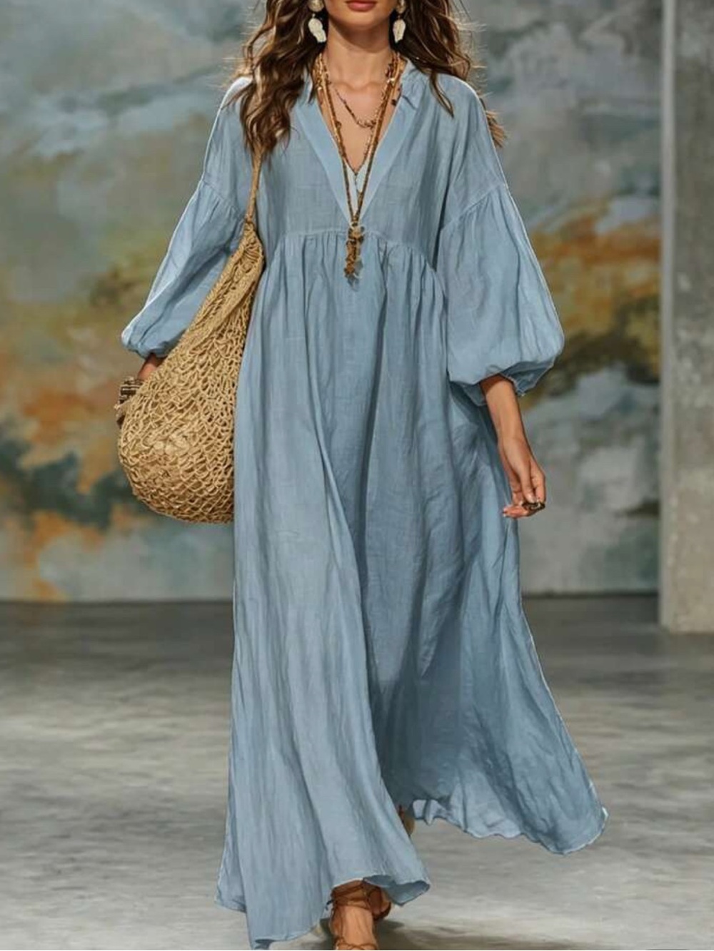 Light Blue V-Neck Balloon Sleeve Maxi Dress